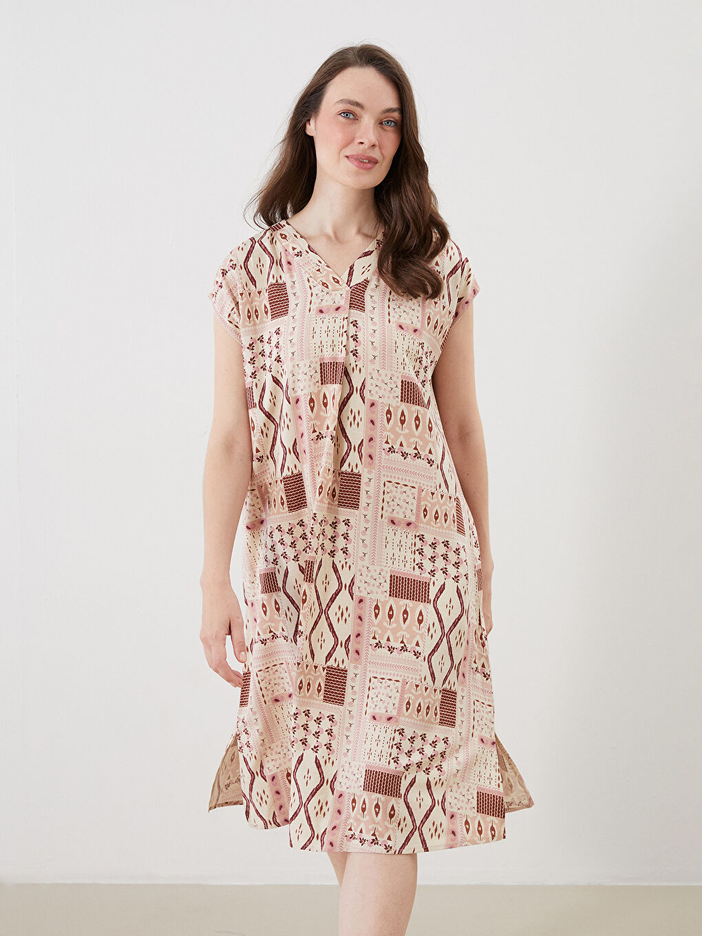 LCW Grace Ethnic Patterned A-Line Linen Blend Mini Dress -S5R178Z8-LRA