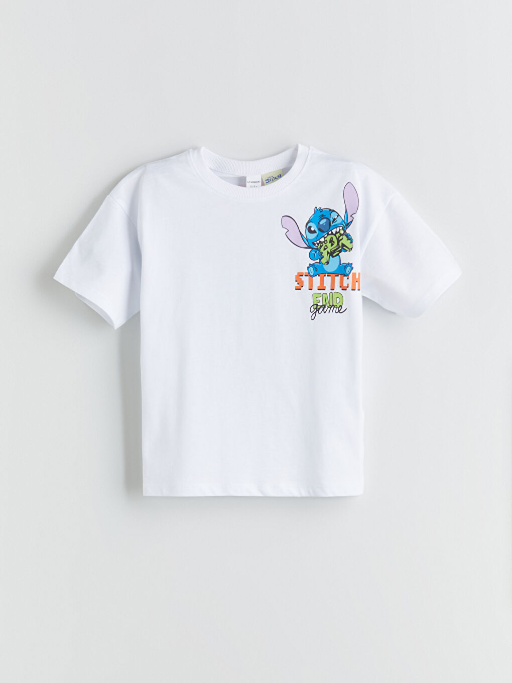 Beyaz Bisiklet Yaka Stitch Baskılı Erkek Çocuk Tişört-1