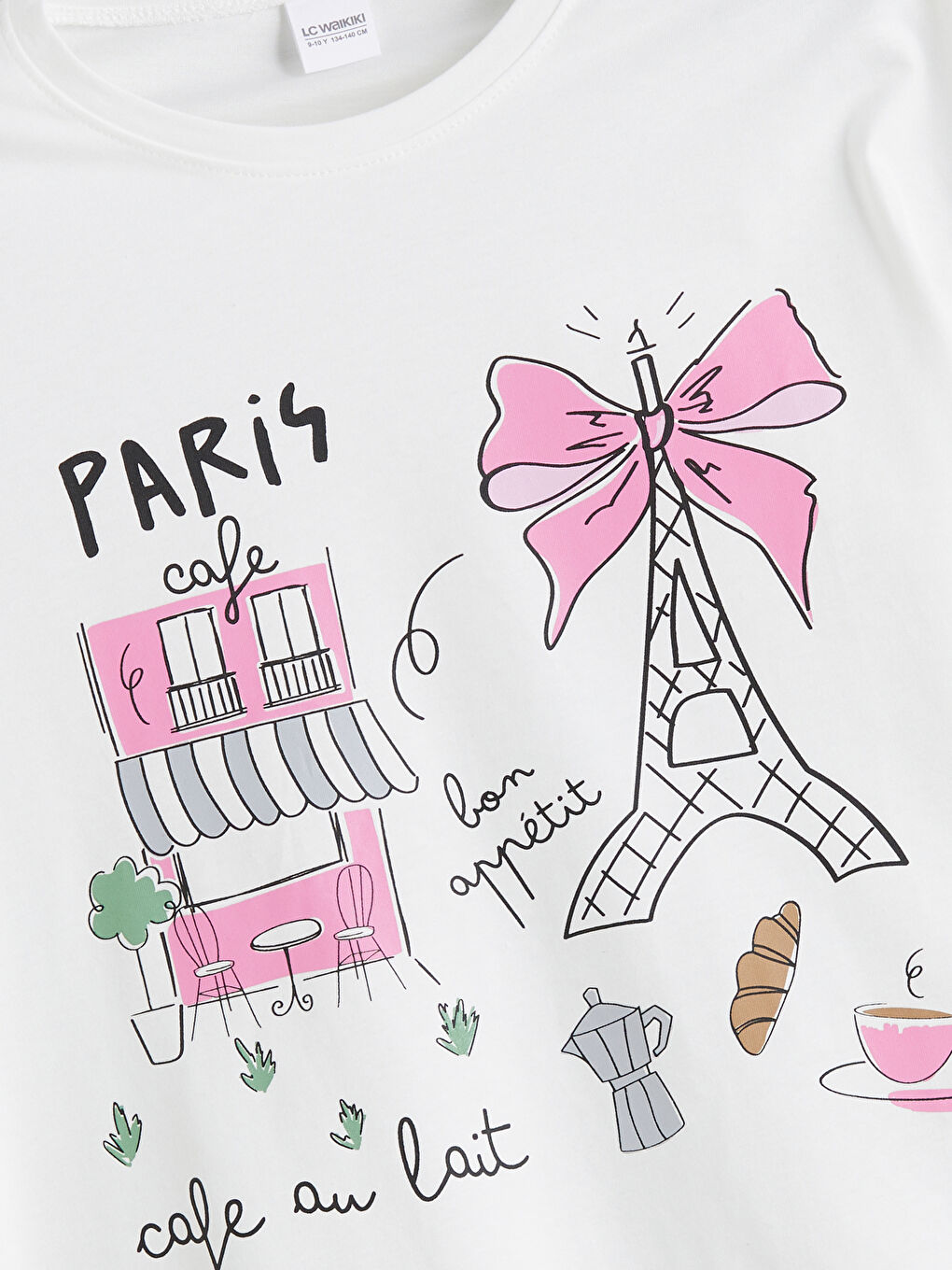 Ekru Bisiklet Yaka Paris Baskılı Kız Çocuk Pijama Üst-2