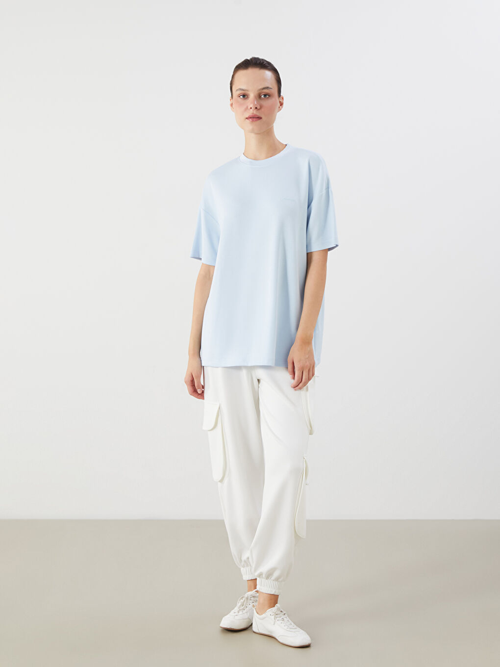 Mavi Bisiklet Yaka Oversize Kadın Tişört-1