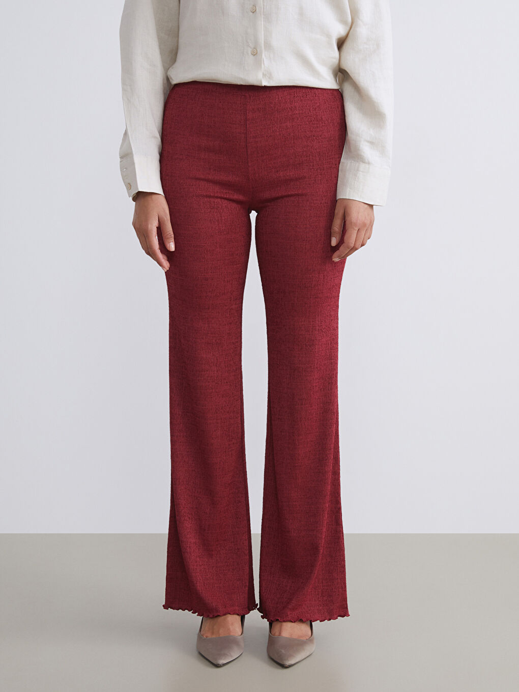 Bordo Beli Lastikli Dokulu Kadın Pantolon-1