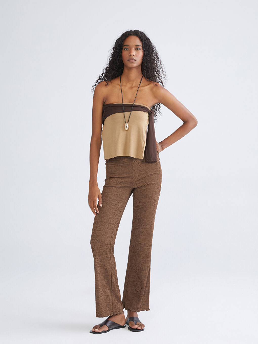 Kahverengi Beli Lastikli Dokulu Kadın Pantolon-2