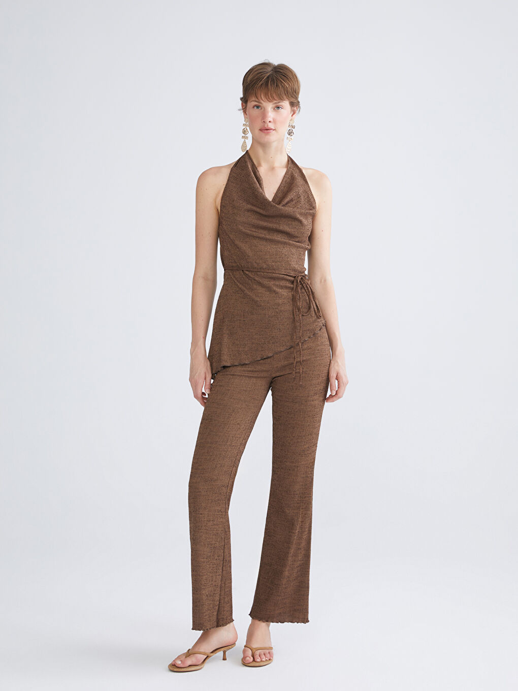 Kahverengi Beli Lastikli Dokulu Kadın Pantolon-1