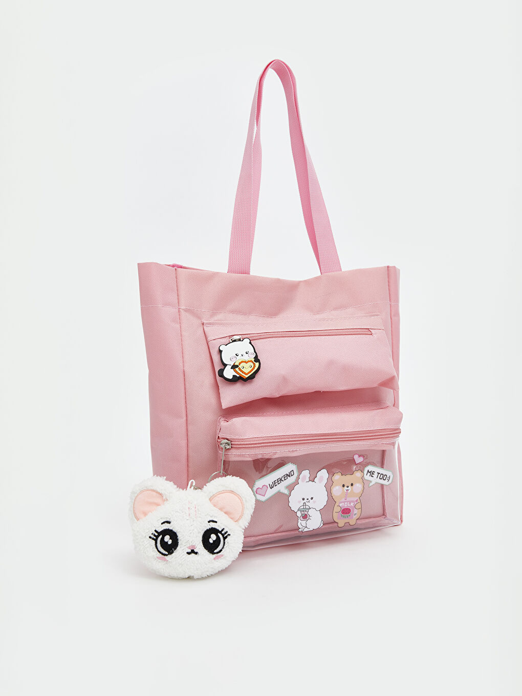 Pembe Baskılı Şeffaf Cepli Kız Çocuk Kol Çantası-1