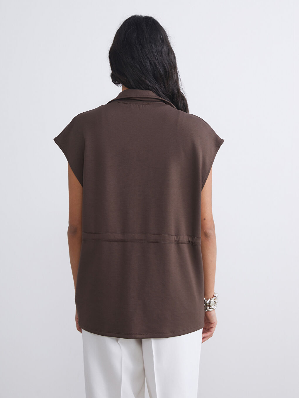 Kahverengi Dik Yaka Oversize Kadın Yelek-3