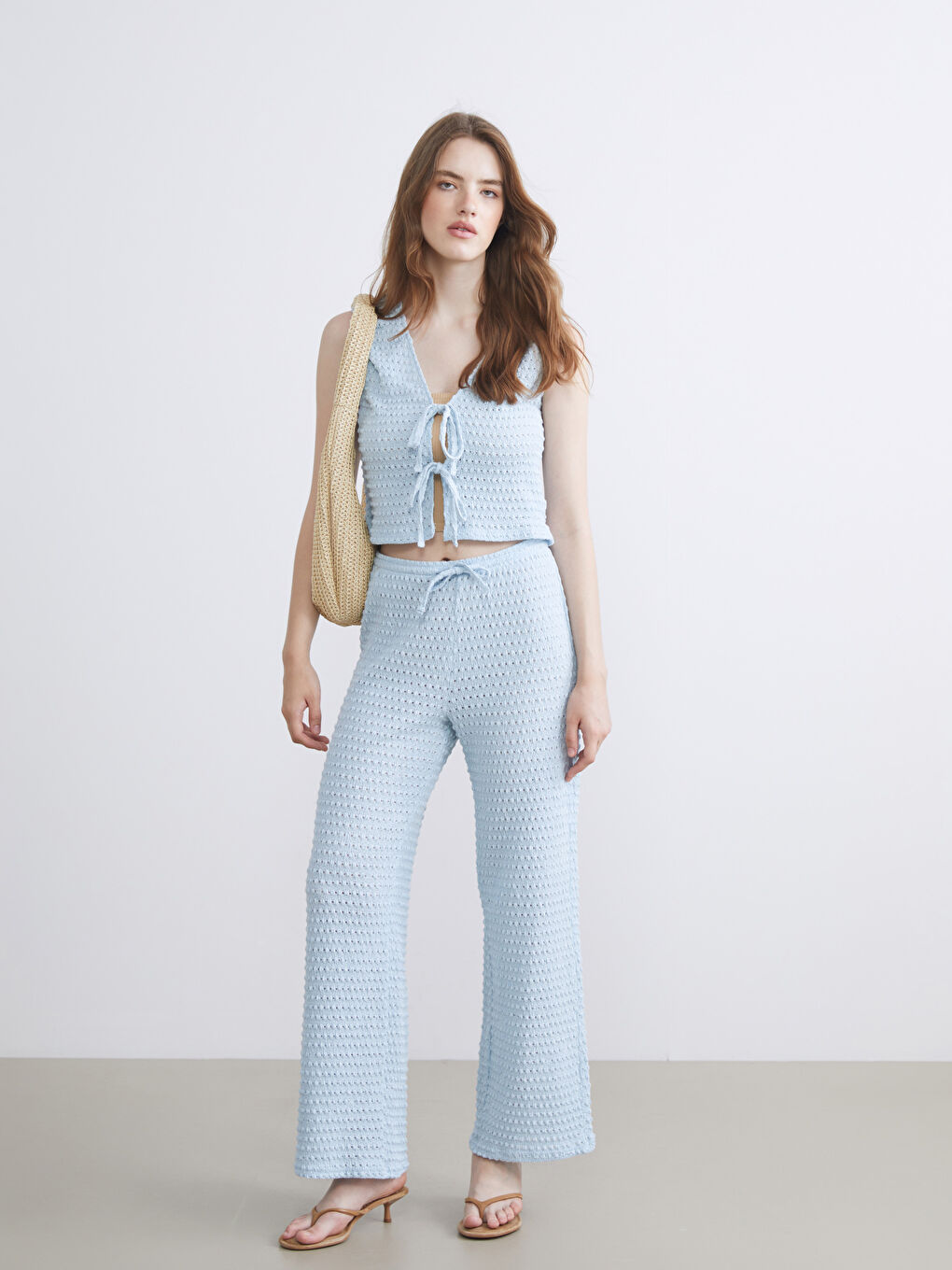 Mavi Beli Lastikli Ajurlu Kadın Pantolon