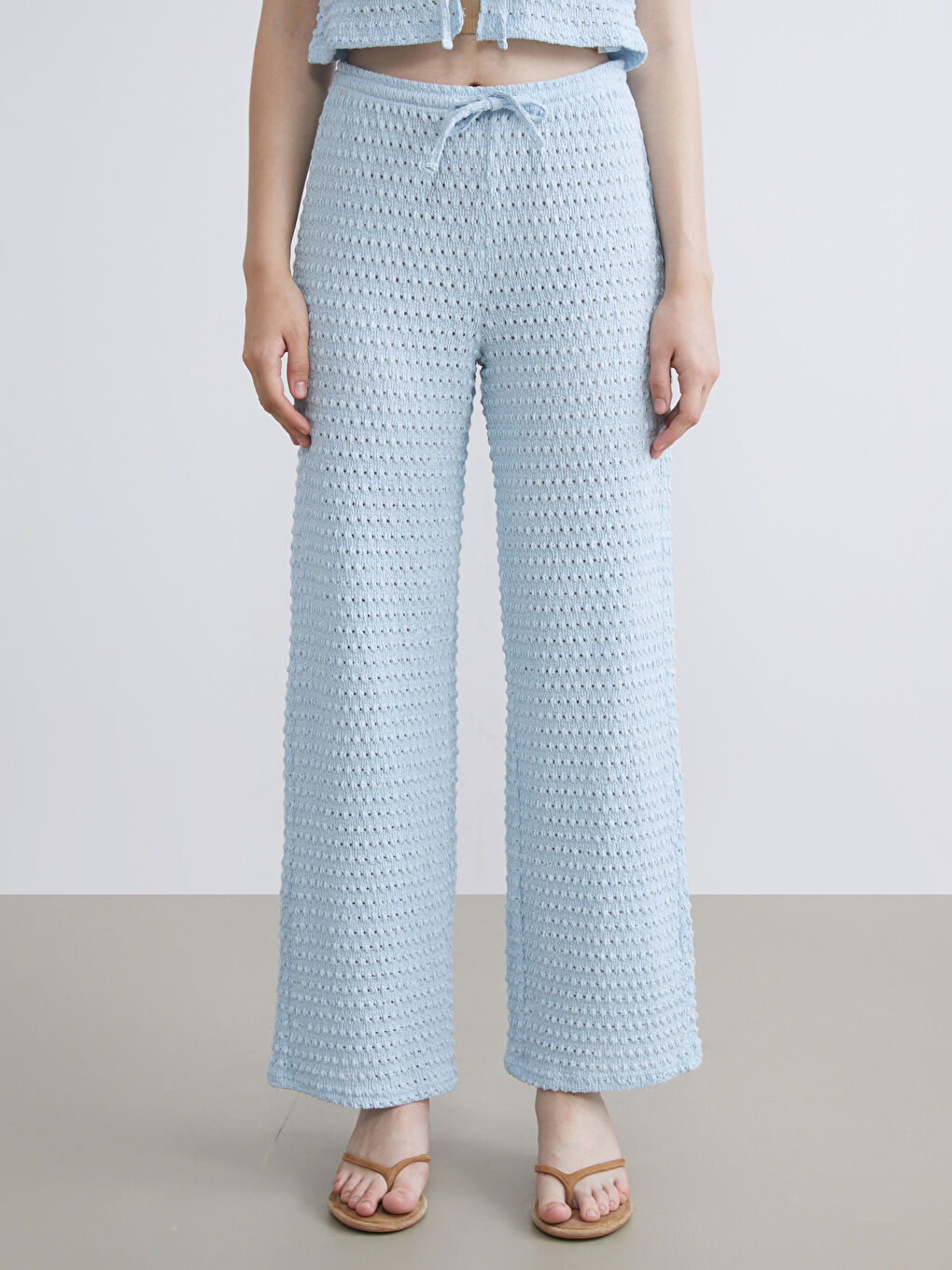 Mavi Beli Lastikli Ajurlu Kadın Pantolon-1