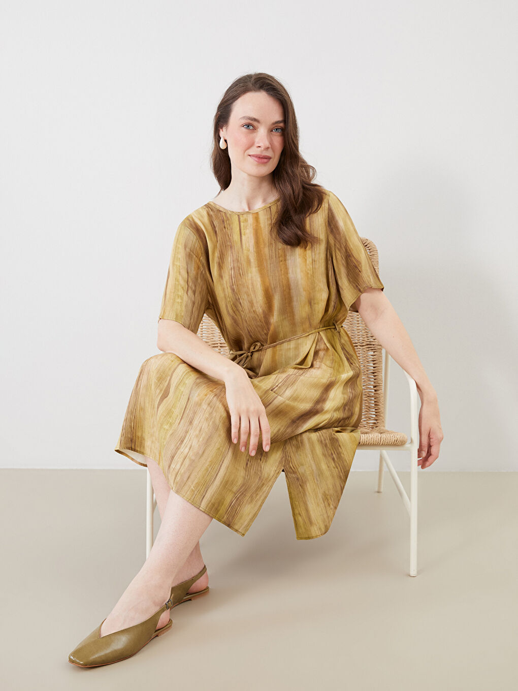 Sarı Bisiklet Yaka Batik A Kesim Elbise