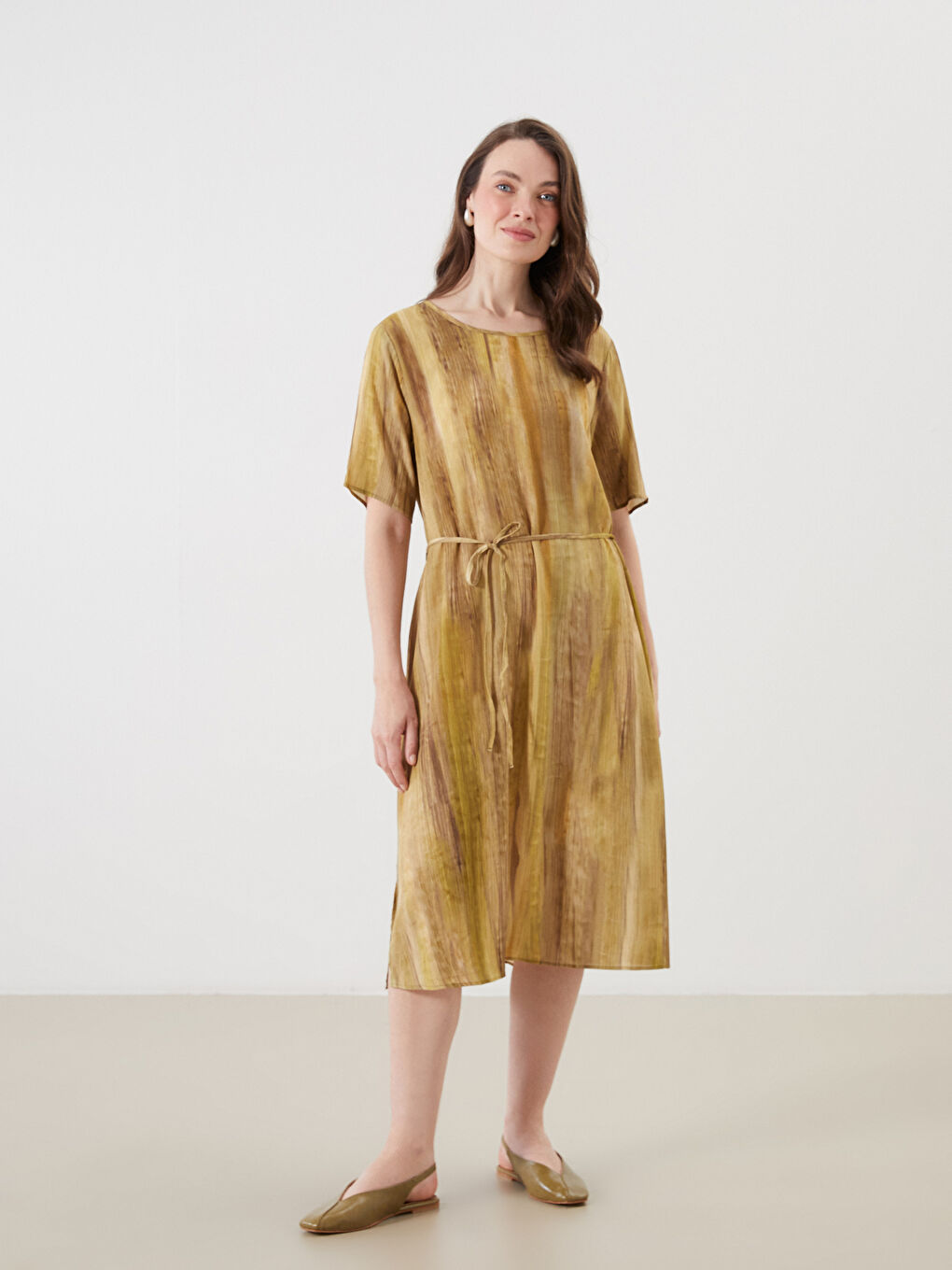 Sarı Bisiklet Yaka Batik A Kesim Elbise-1