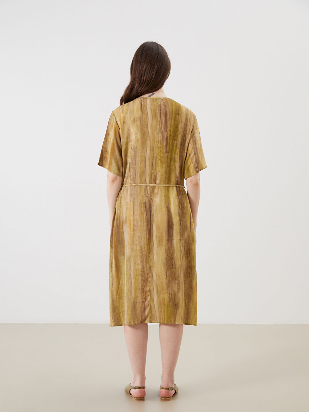 Sarı Bisiklet Yaka Batik A Kesim Elbise-4