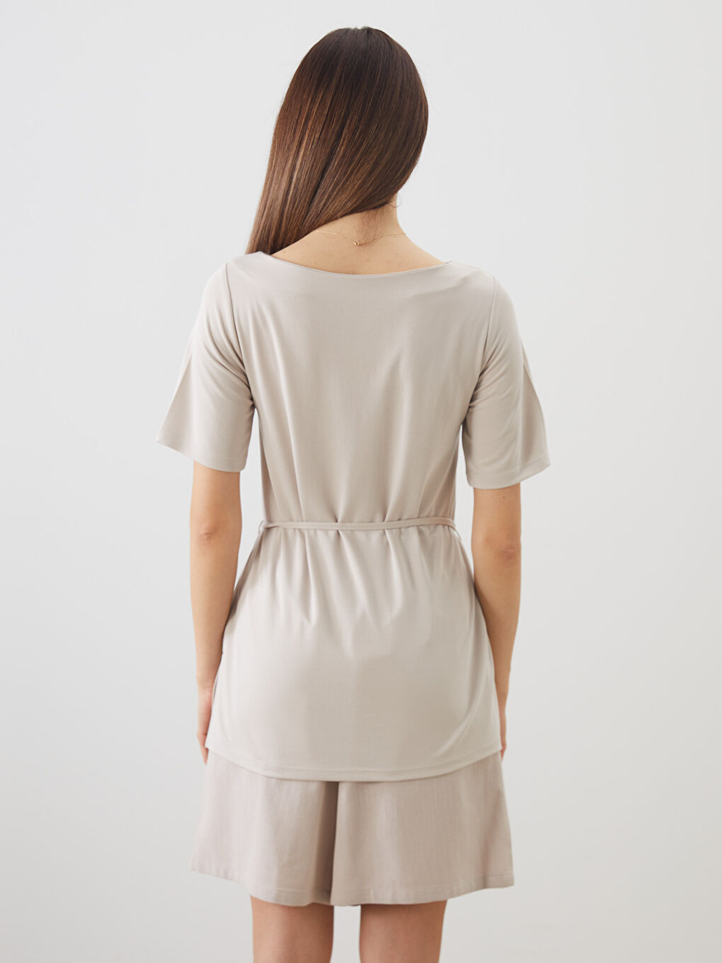 Gri Kayık Yaka Modal Karışımlı Kadın Tişört-3