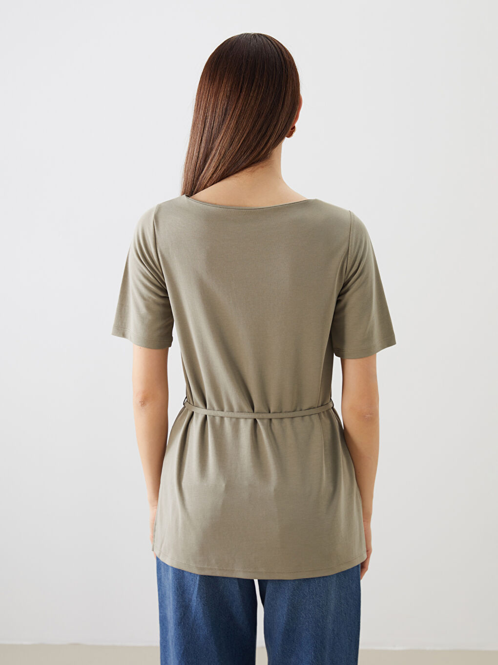 Haki Kayık Yaka Modal Karışımlı Kadın Tişört-3