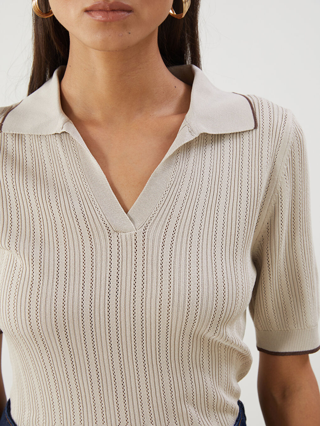 Bej Polo Yaka Kadın Triko Kazak-2