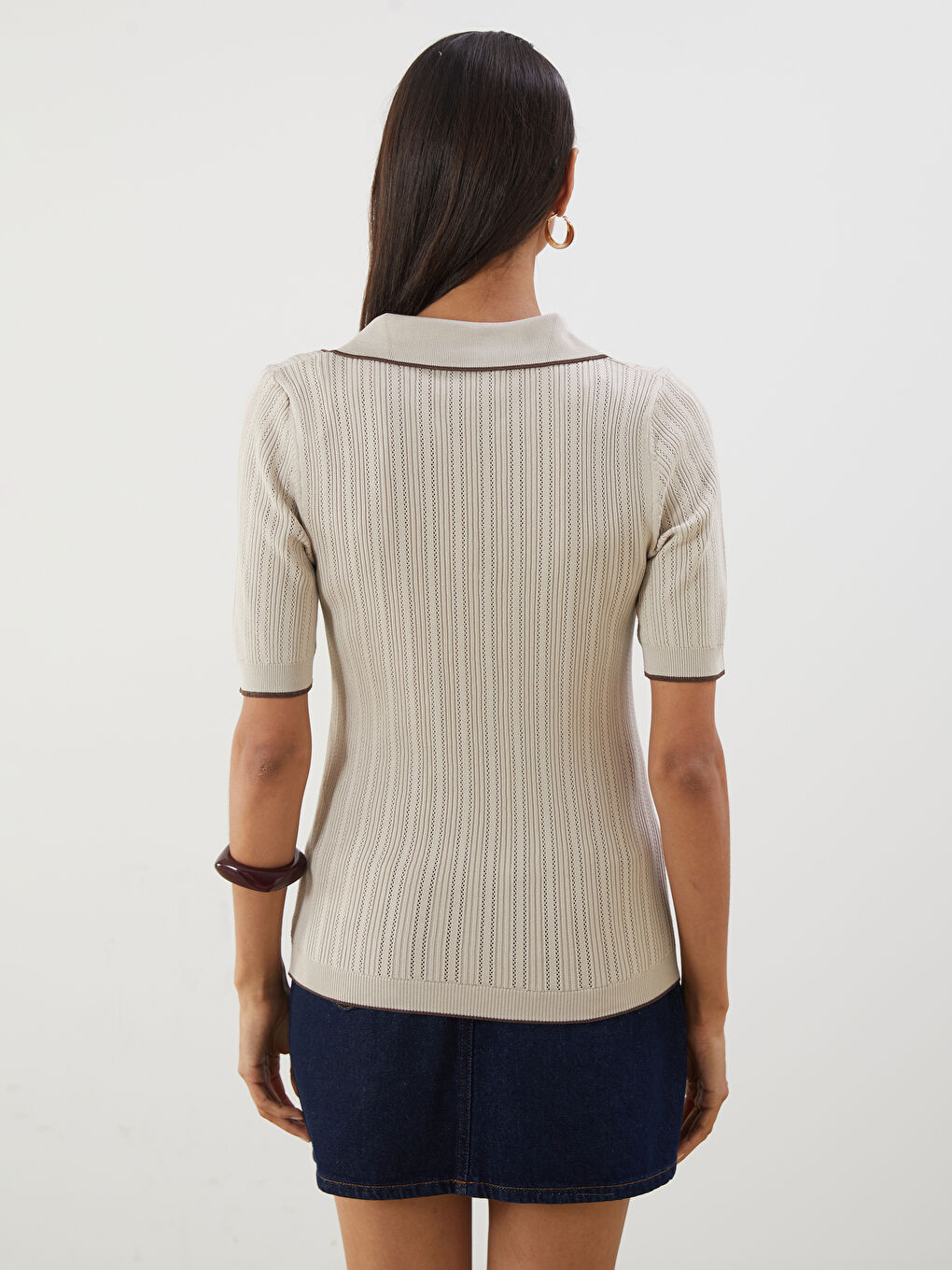 Bej Polo Yaka Kadın Triko Kazak-3