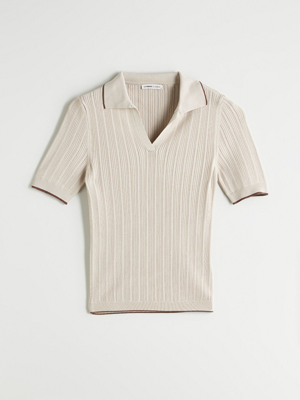 Bej Polo Yaka Kadın Triko Kazak-4