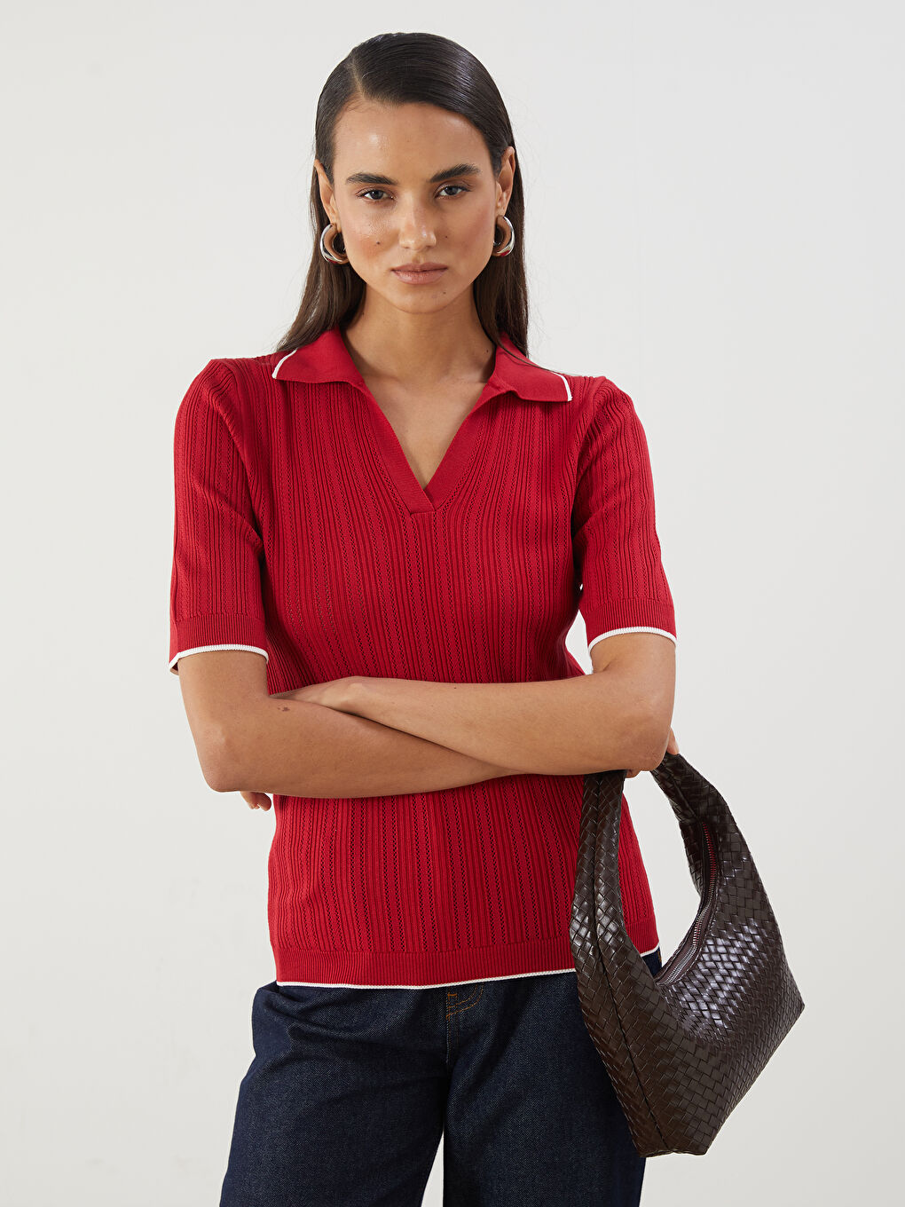 Kırmızı Polo Yaka Kadın Triko Kazak