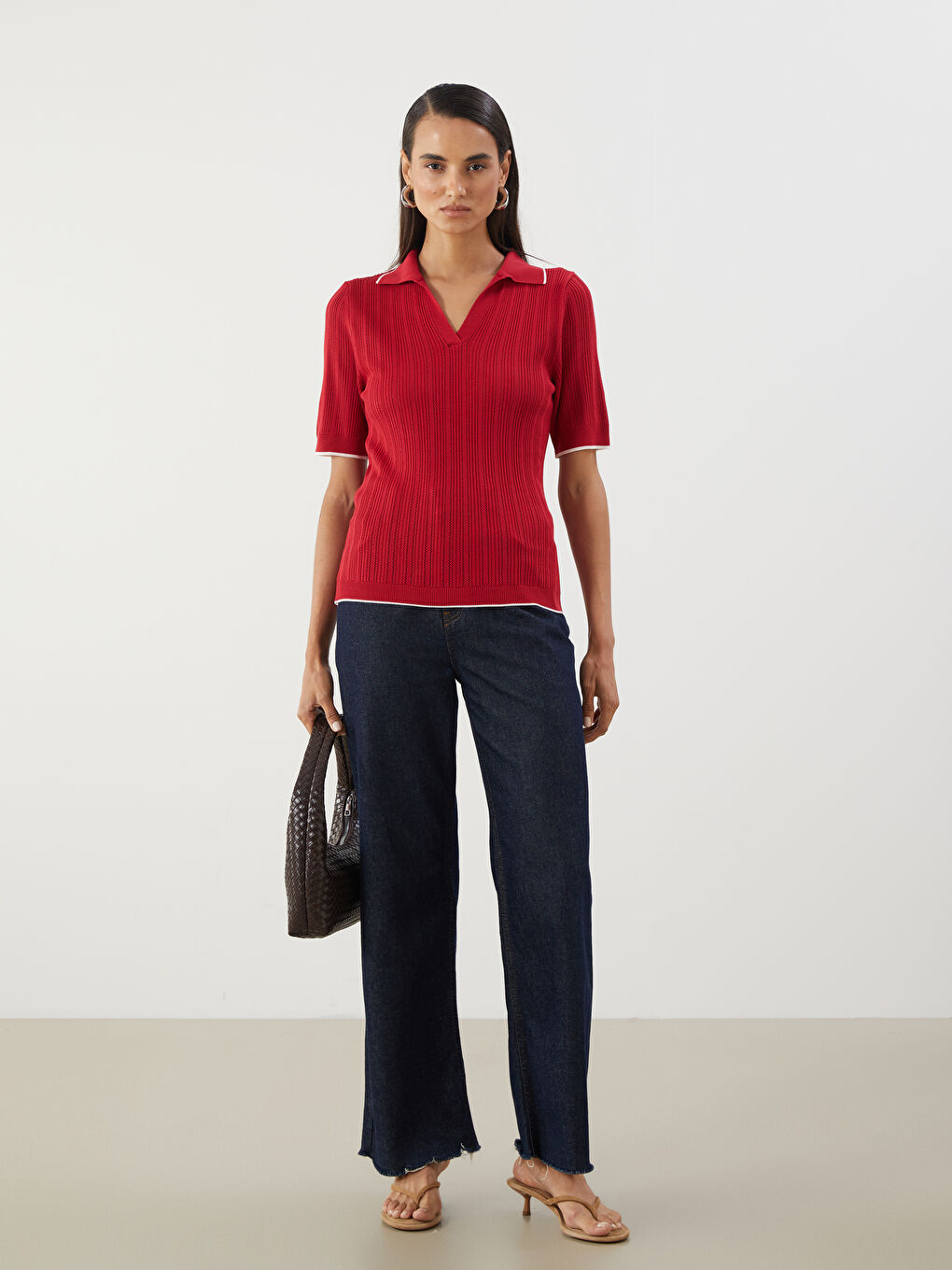 Kırmızı Polo Yaka Kadın Triko Kazak-1