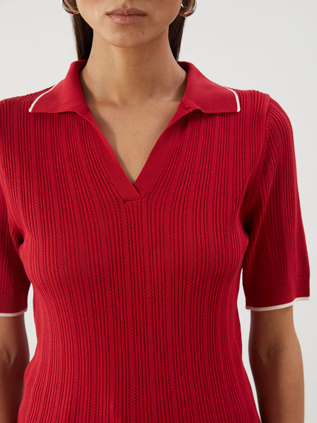 Kırmızı Polo Yaka Kadın Triko Kazak-2