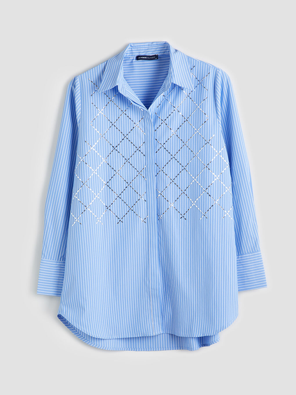 Mavi Çizgili Parlak Taş Baskılı Kadın Gömlek Tunik-4