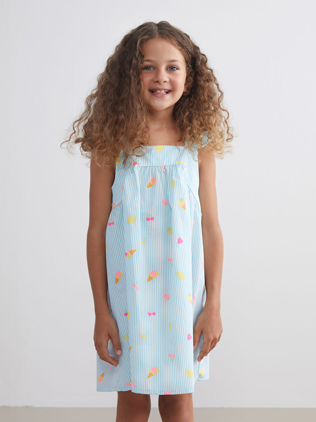 Mavi Kare Yaka Kız Çocuk Poplin Elbise