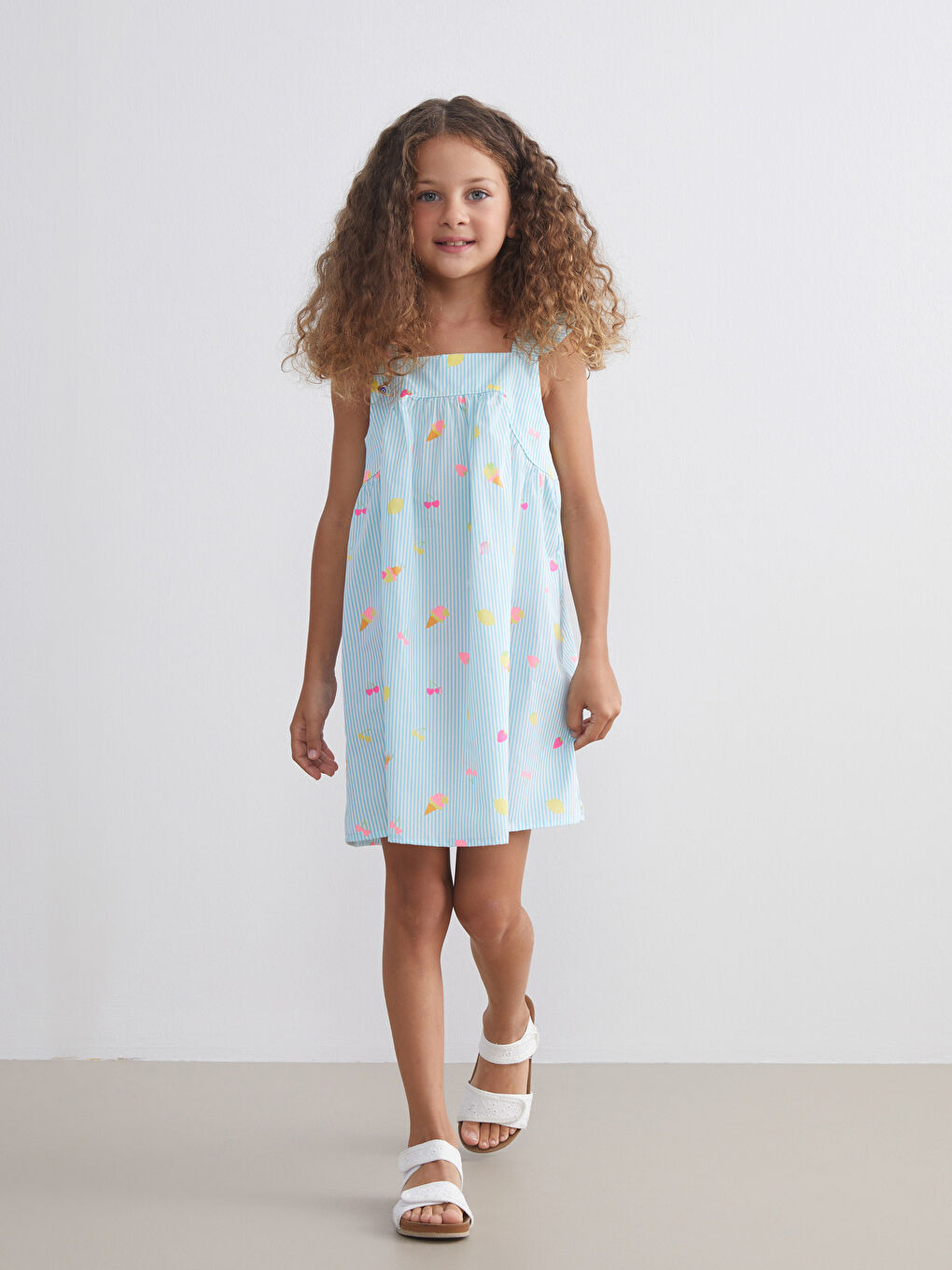 Mavi Kare Yaka Kız Çocuk Poplin Elbise-1