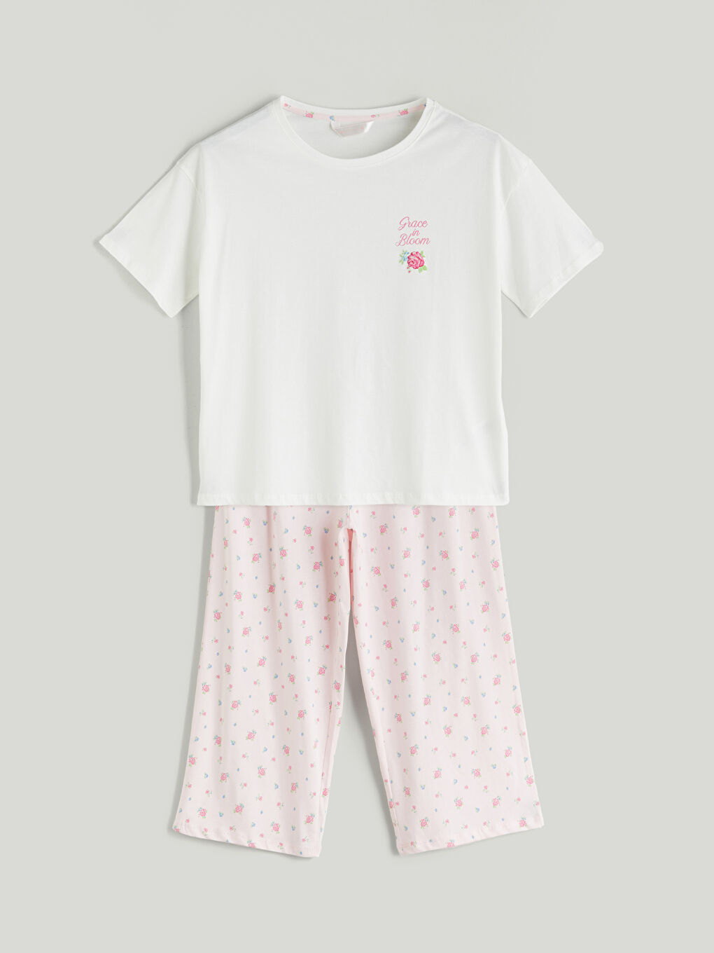 Crew Neck Floral Women's Capri Pyjamas Set -S5R373Z8-LT4