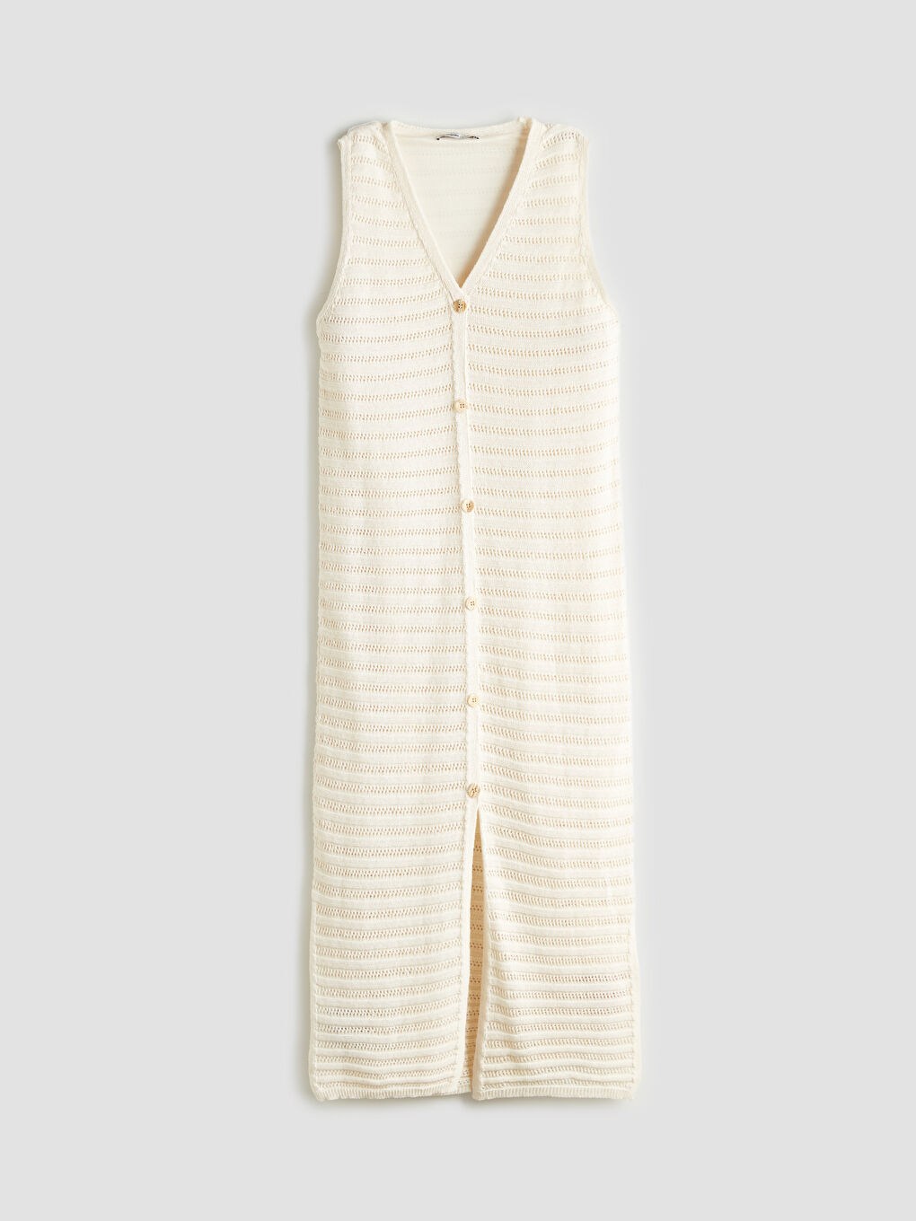 Ekru V Yaka Ajurlu Triko Elbise-4