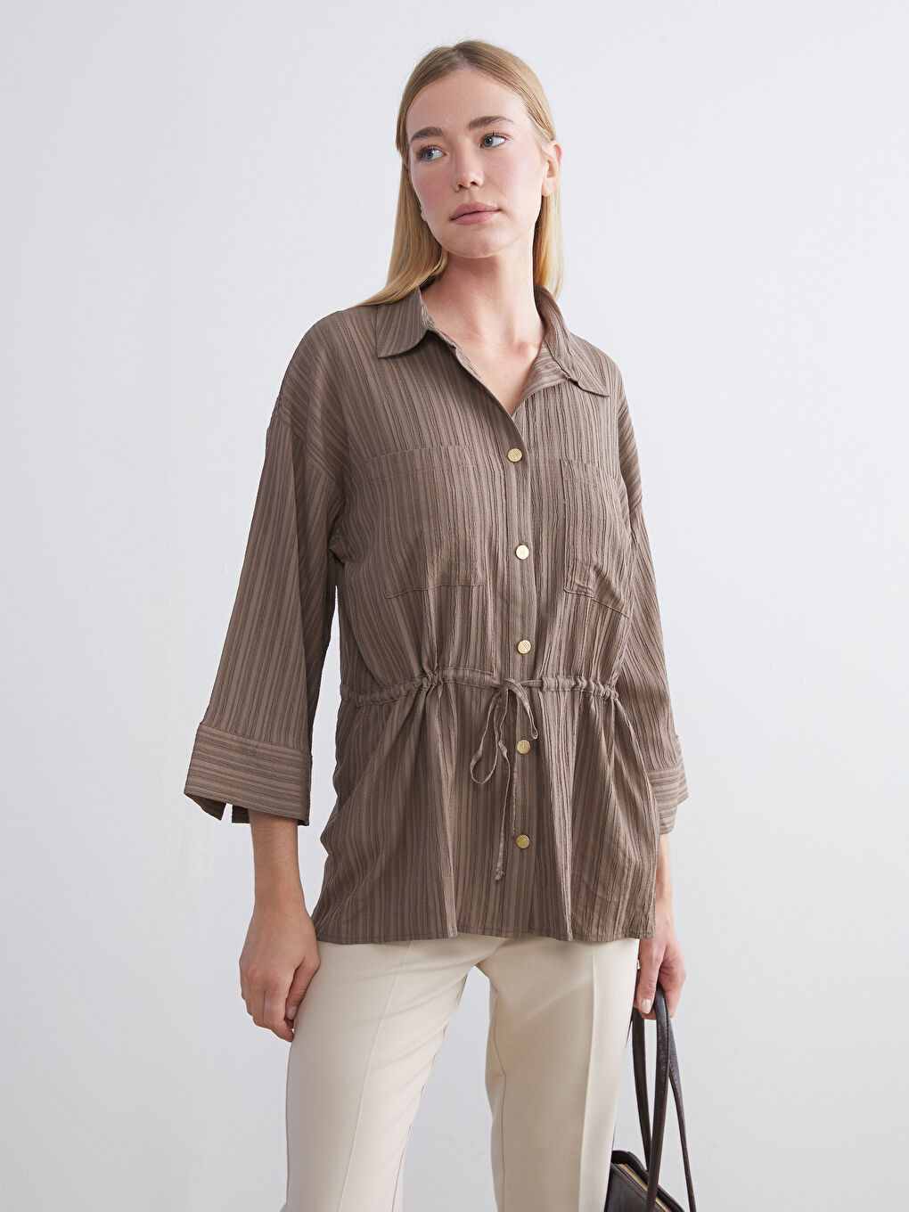 قميص تونيك للسيدات بخصر برباط-1