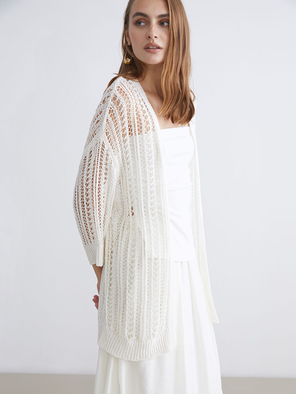 Ekru Şal Yaka Ajurlu Kadın Triko Hırka