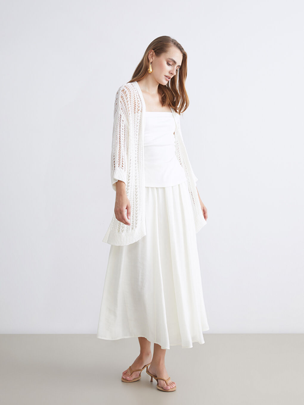 Ekru Şal Yaka Ajurlu Kadın Triko Hırka-1