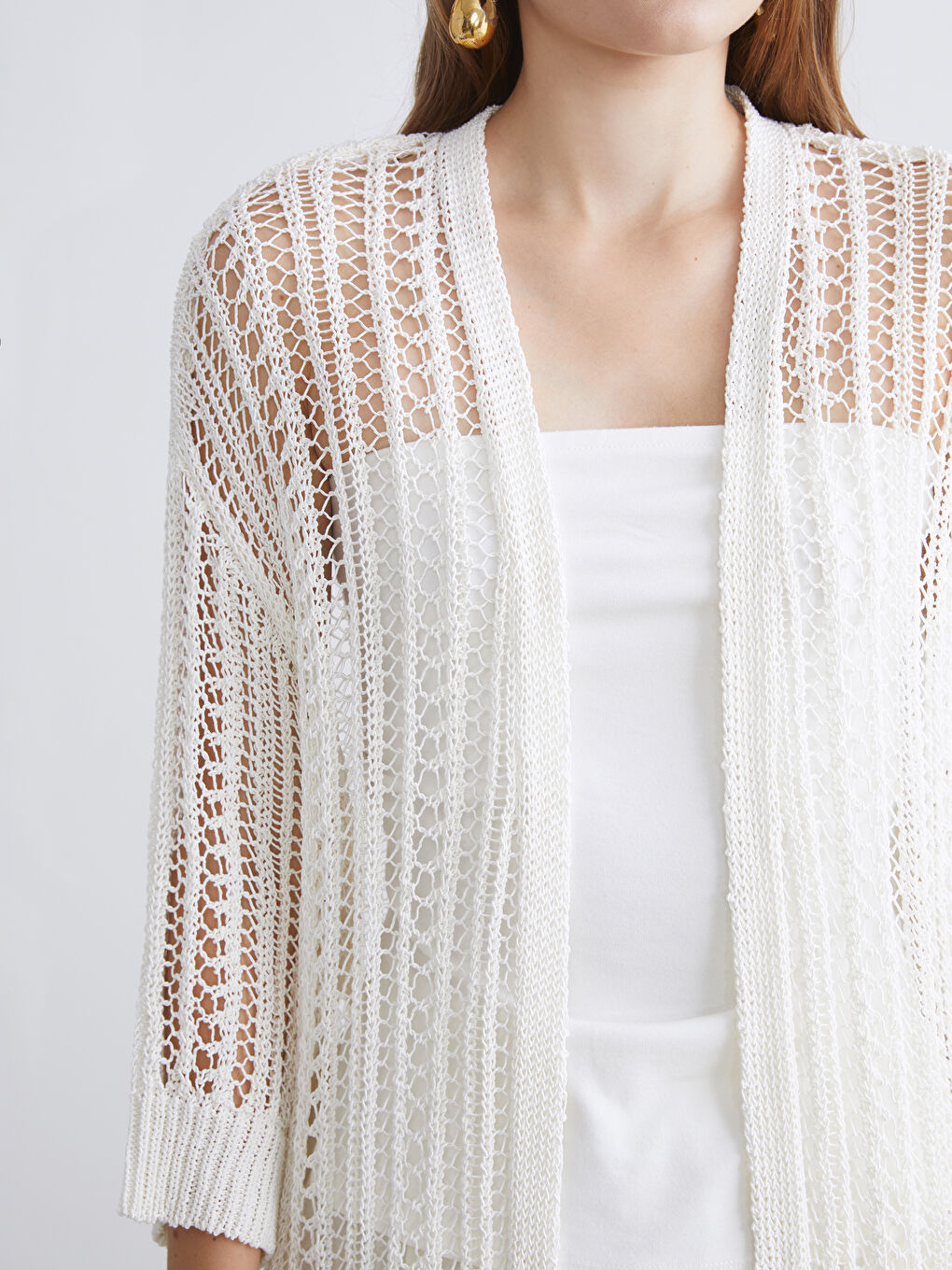 Ekru Şal Yaka Ajurlu Kadın Triko Hırka-2