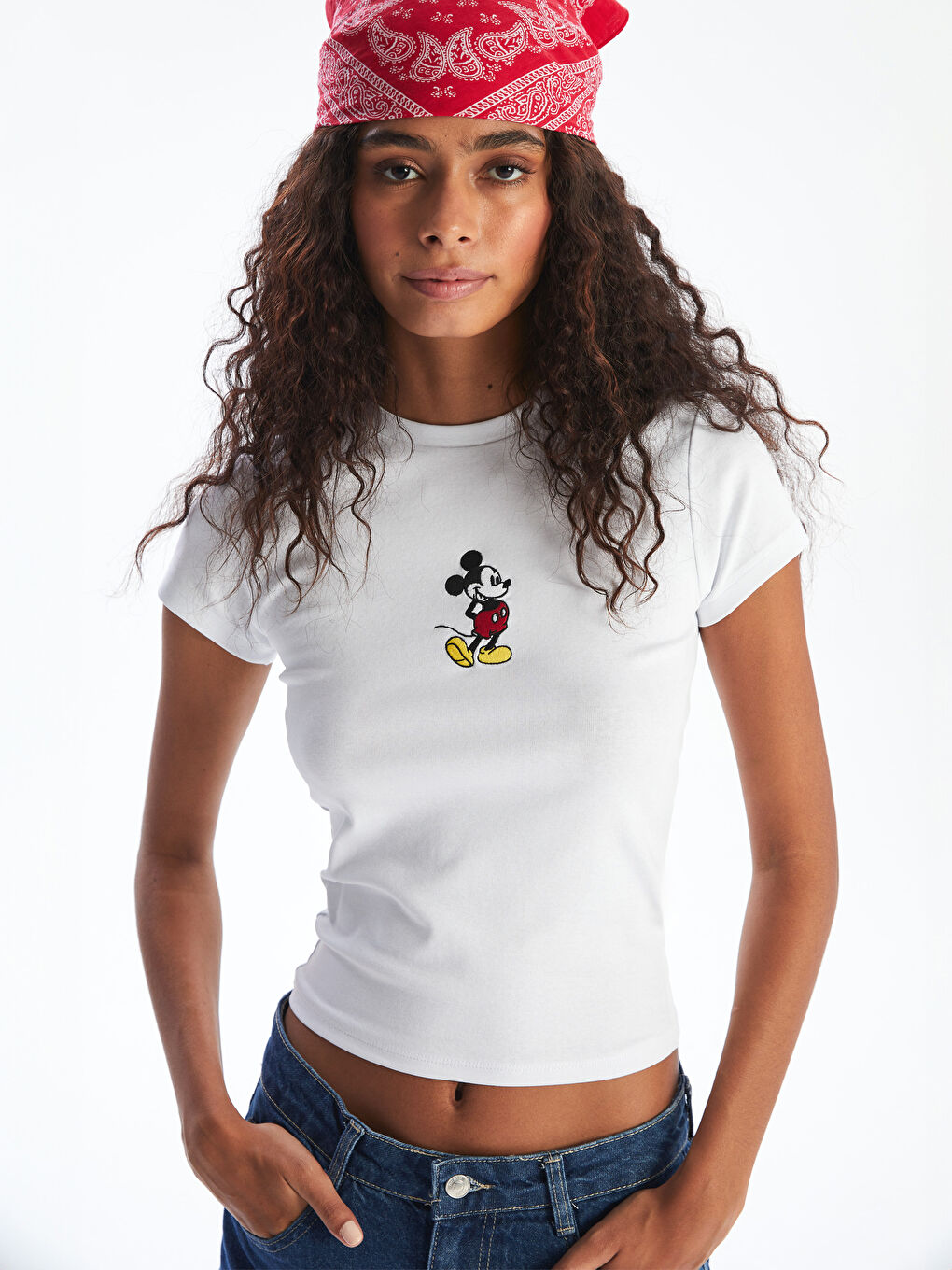 Crew Neck Mickey Mouse Embroidered Women's T-Shirt -S5R495Z8-Q6K