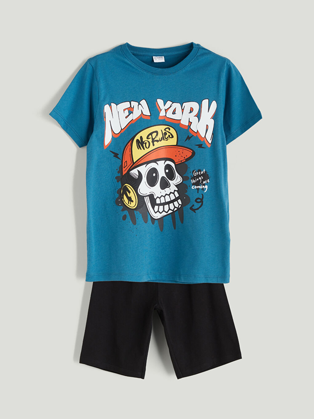 Crew Neck New York Printed Boys' Shorts Pyjamas Set -S5R579Z4-HBE