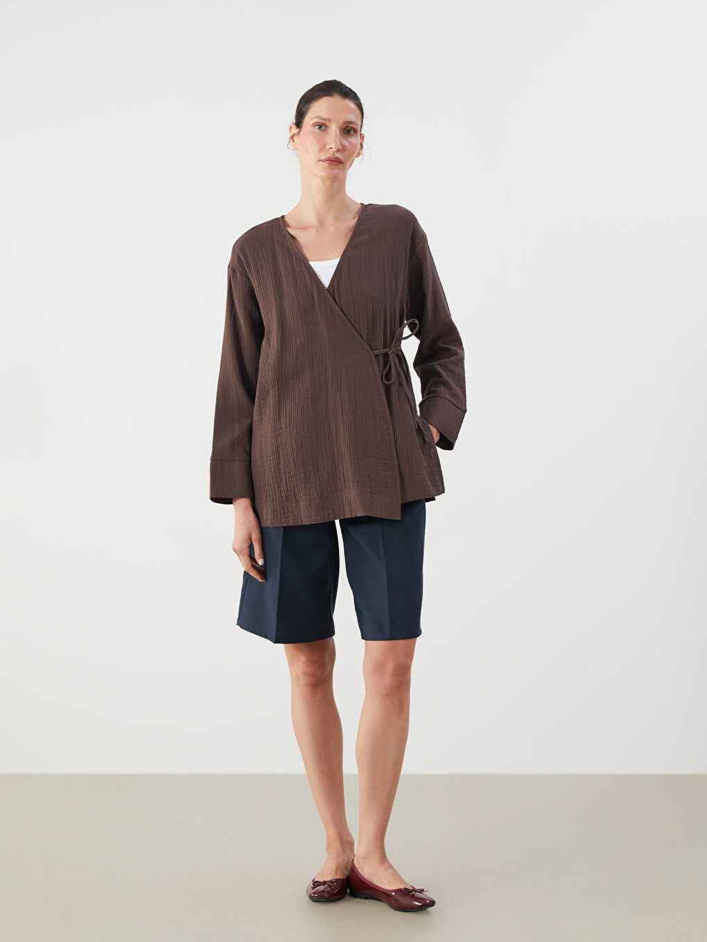 Double Breasted Textured Slit Detail Women's Kimono-3