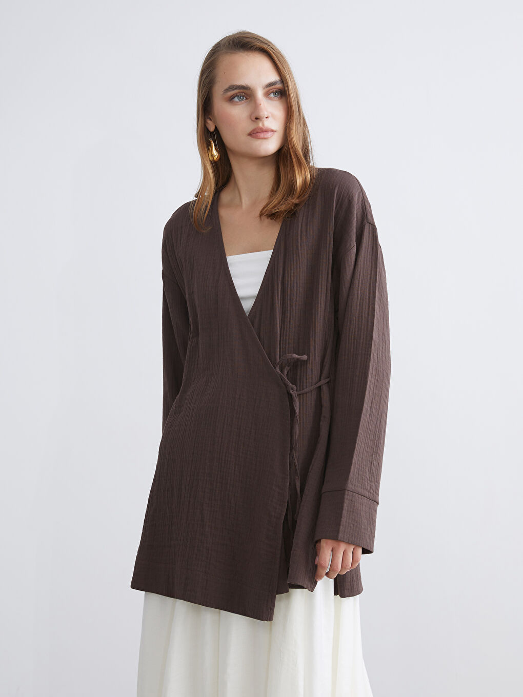 Double Breasted Textured Slit Detail Women's Kimono-1