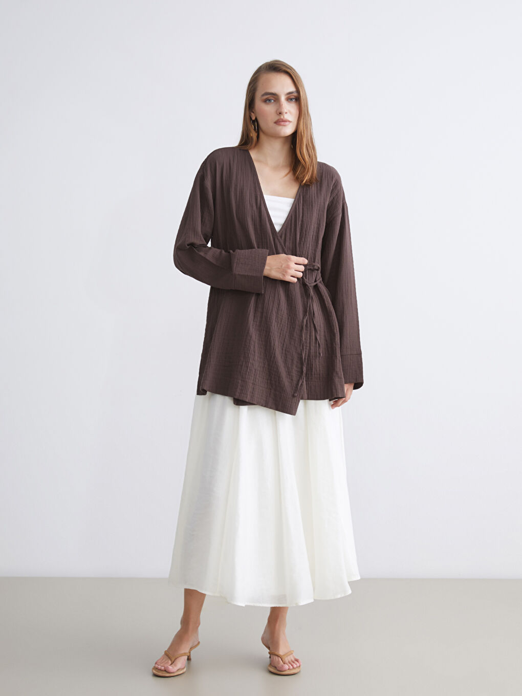 Double Breasted Textured Slit Detail Women's Kimono-2