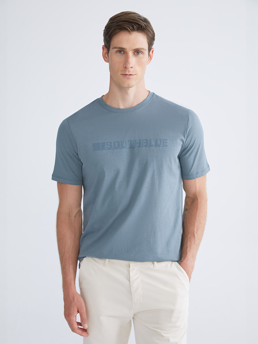 İndigo Bisiklet Yaka Baskılı Penye Erkek Tişört