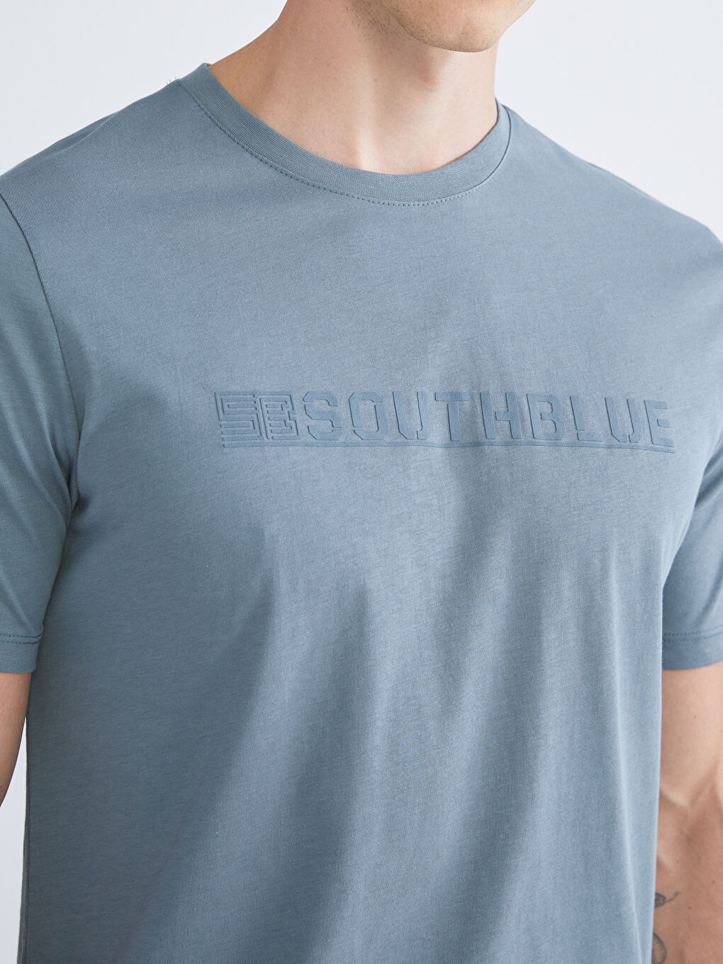 İndigo Bisiklet Yaka Baskılı Penye Erkek Tişört-2