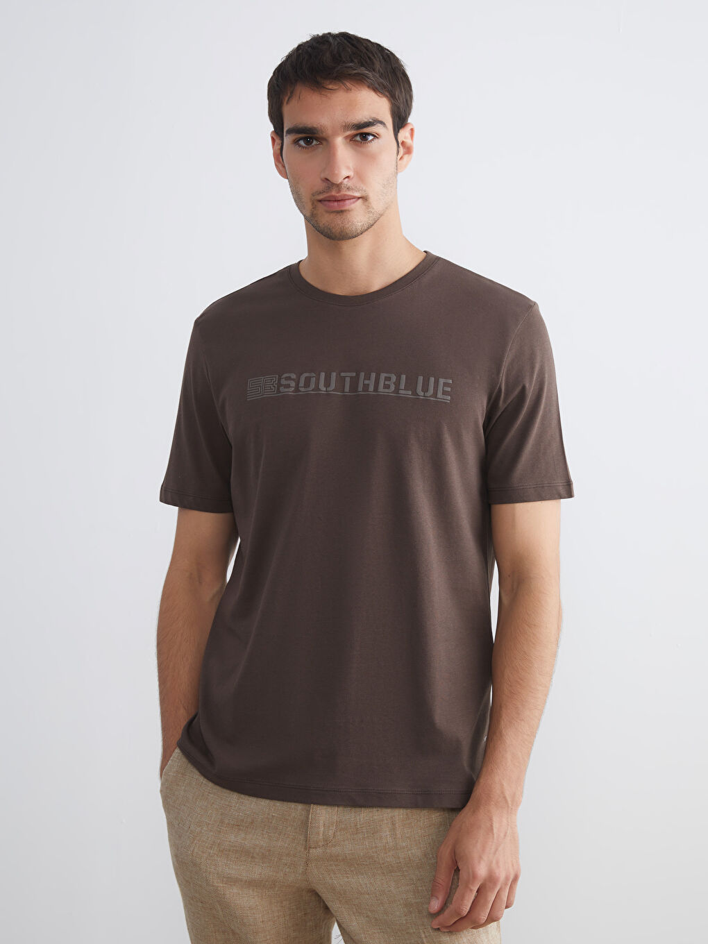 Kahverengi Bisiklet Yaka Baskılı Penye Erkek Tişört