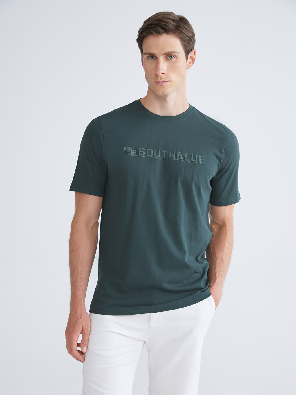 Yeşil Bisiklet Yaka Baskılı Penye Erkek Tişört