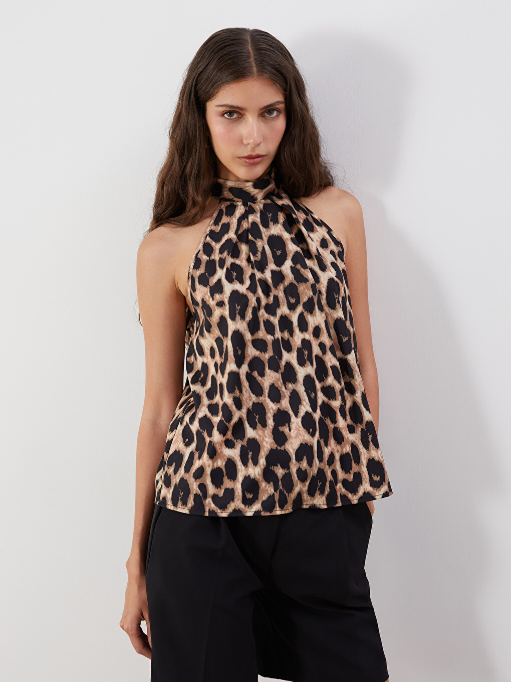 Halter Neck Leopard Print Bow Blouse