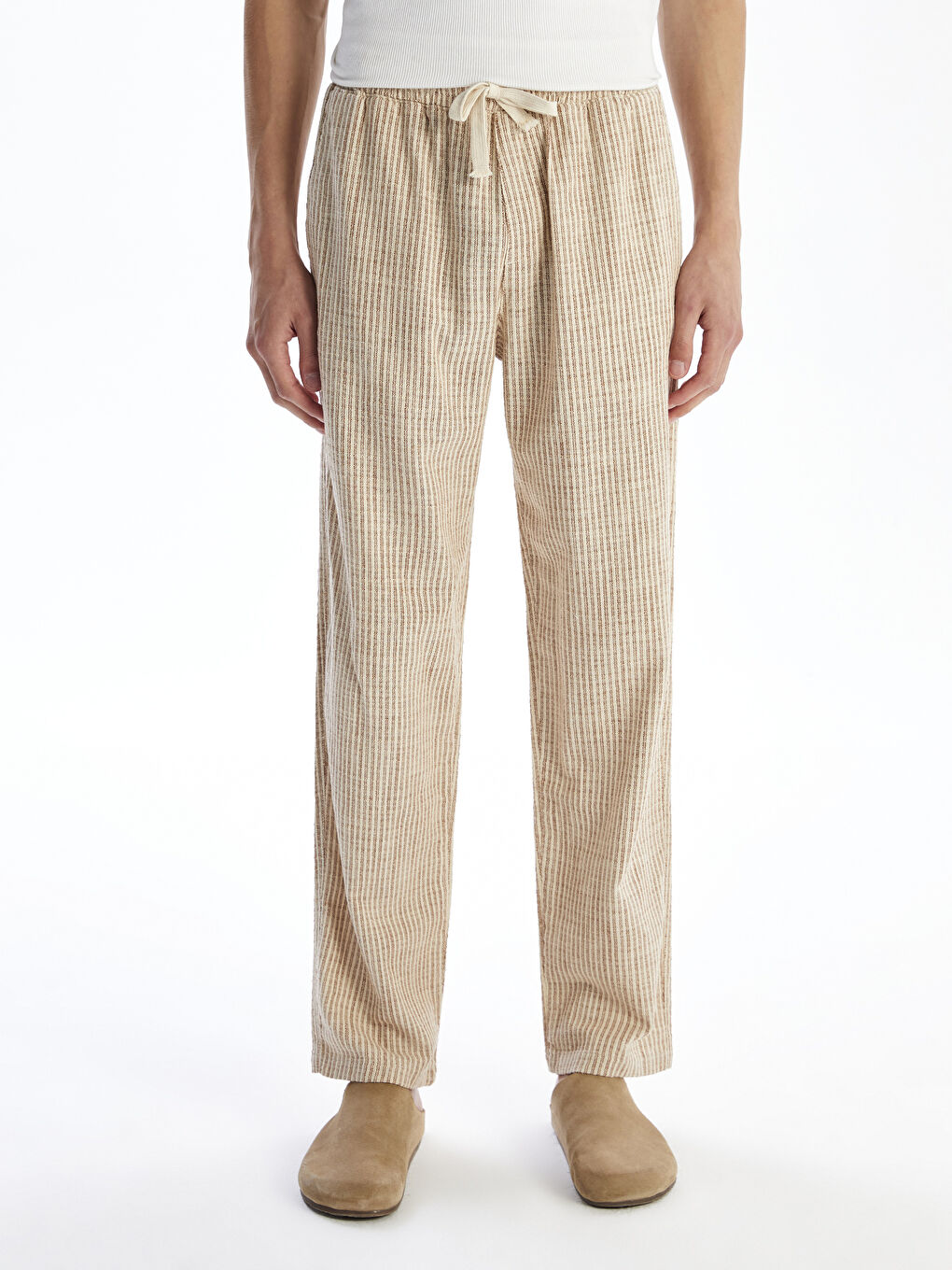 Kahverengi Rahat Kalıp Keten Görünümlü Erkek Pantolon-1