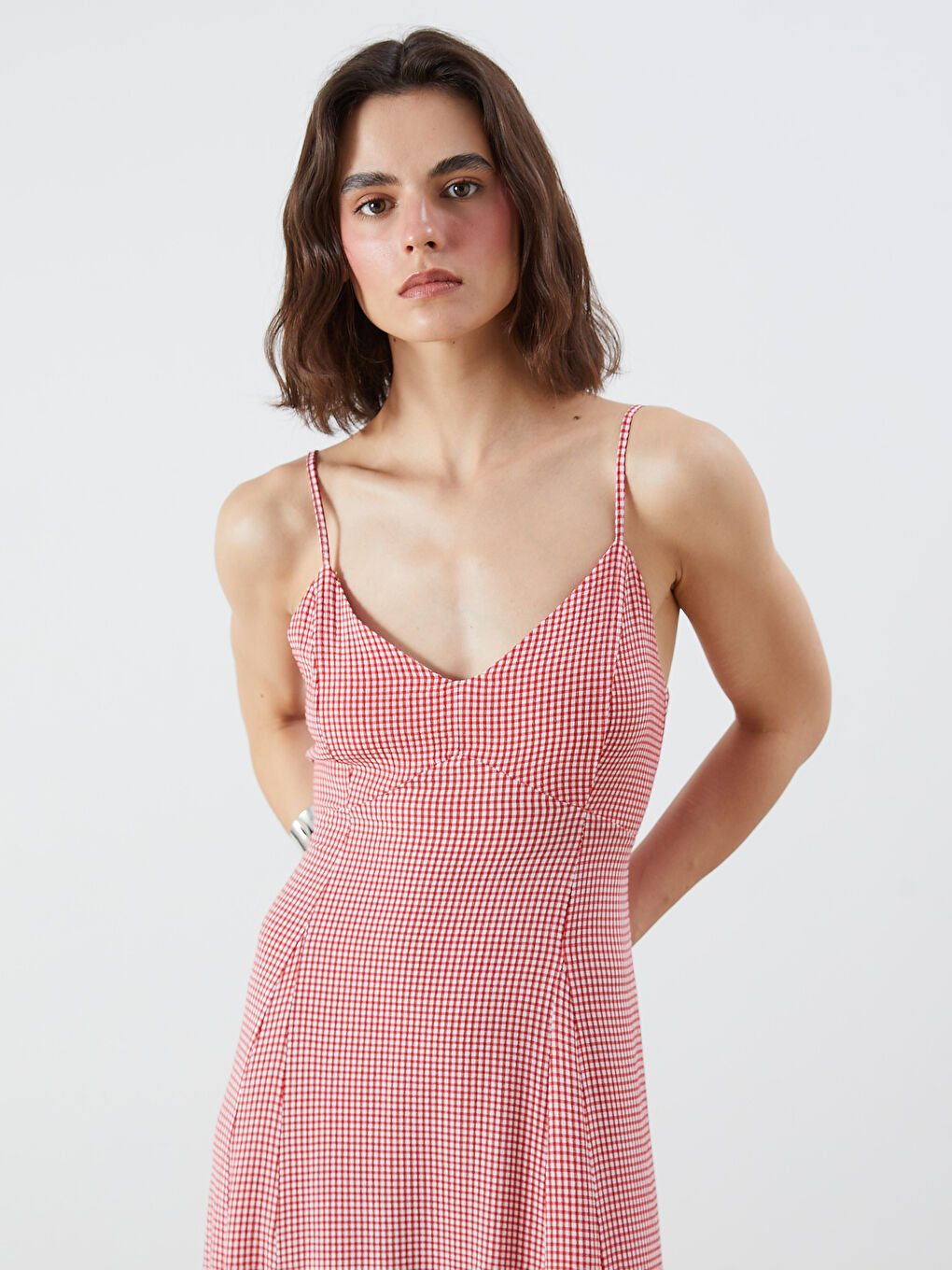 V Neck Plaid Frilled Dress-1