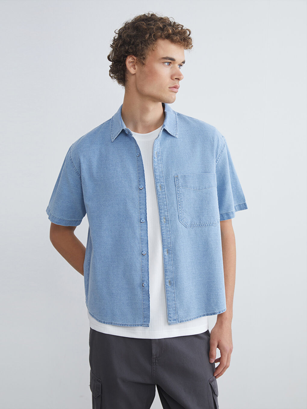 İndigo Regular Fit Kısa Kollu Erkek Jean Gömlek