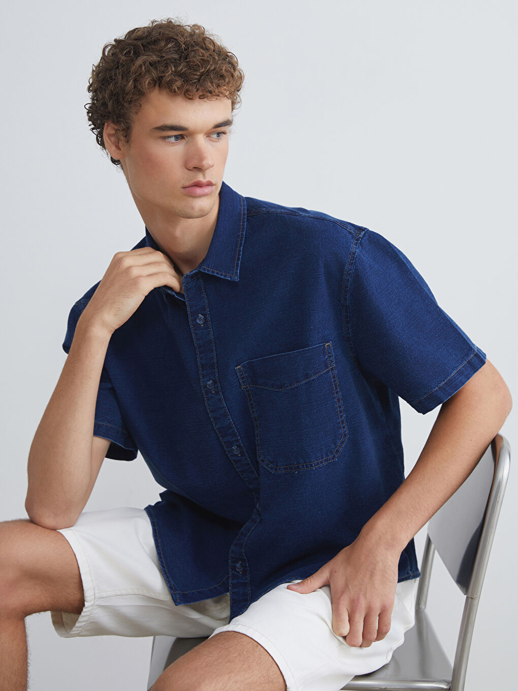 İndigo Regular Fit Kısa Kollu Erkek Jean Gömlek