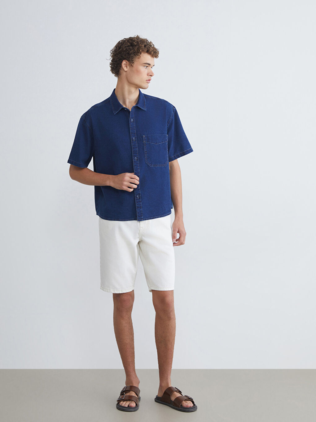 İndigo Regular Fit Kısa Kollu Erkek Jean Gömlek-1