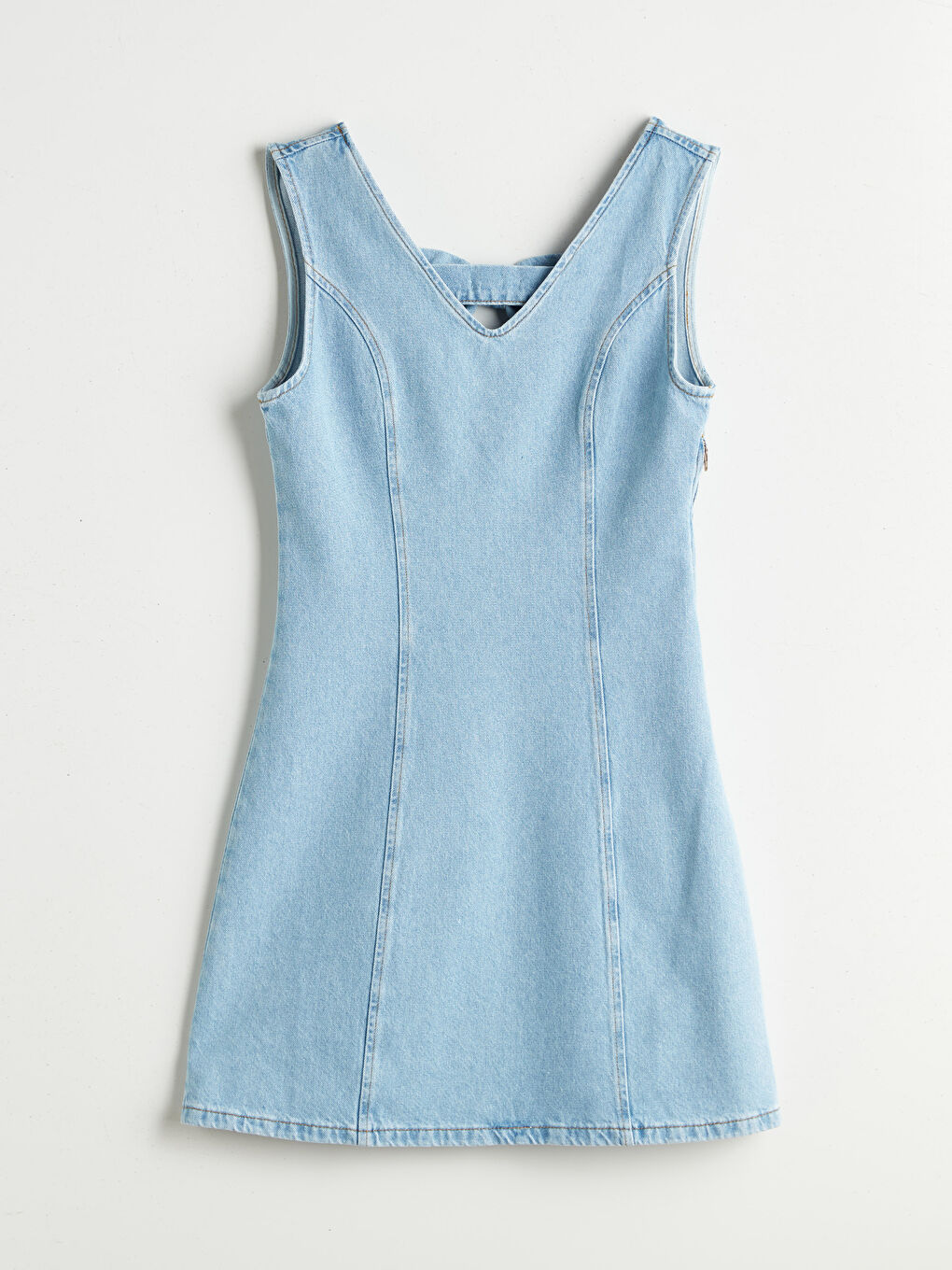 İndigo V Yaka Belden Oturtmalı Mini Jean Elbise-4