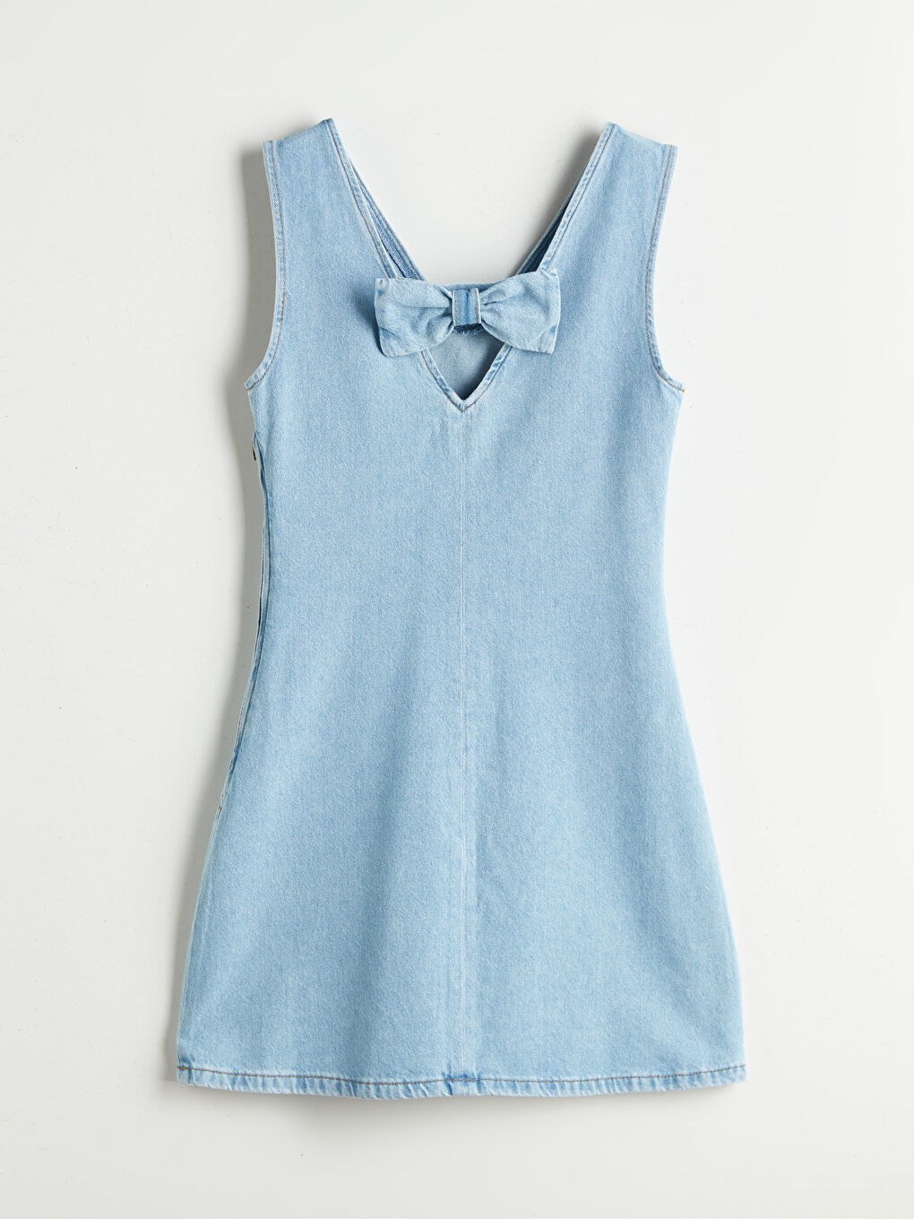 İndigo V Yaka Belden Oturtmalı Mini Jean Elbise-5