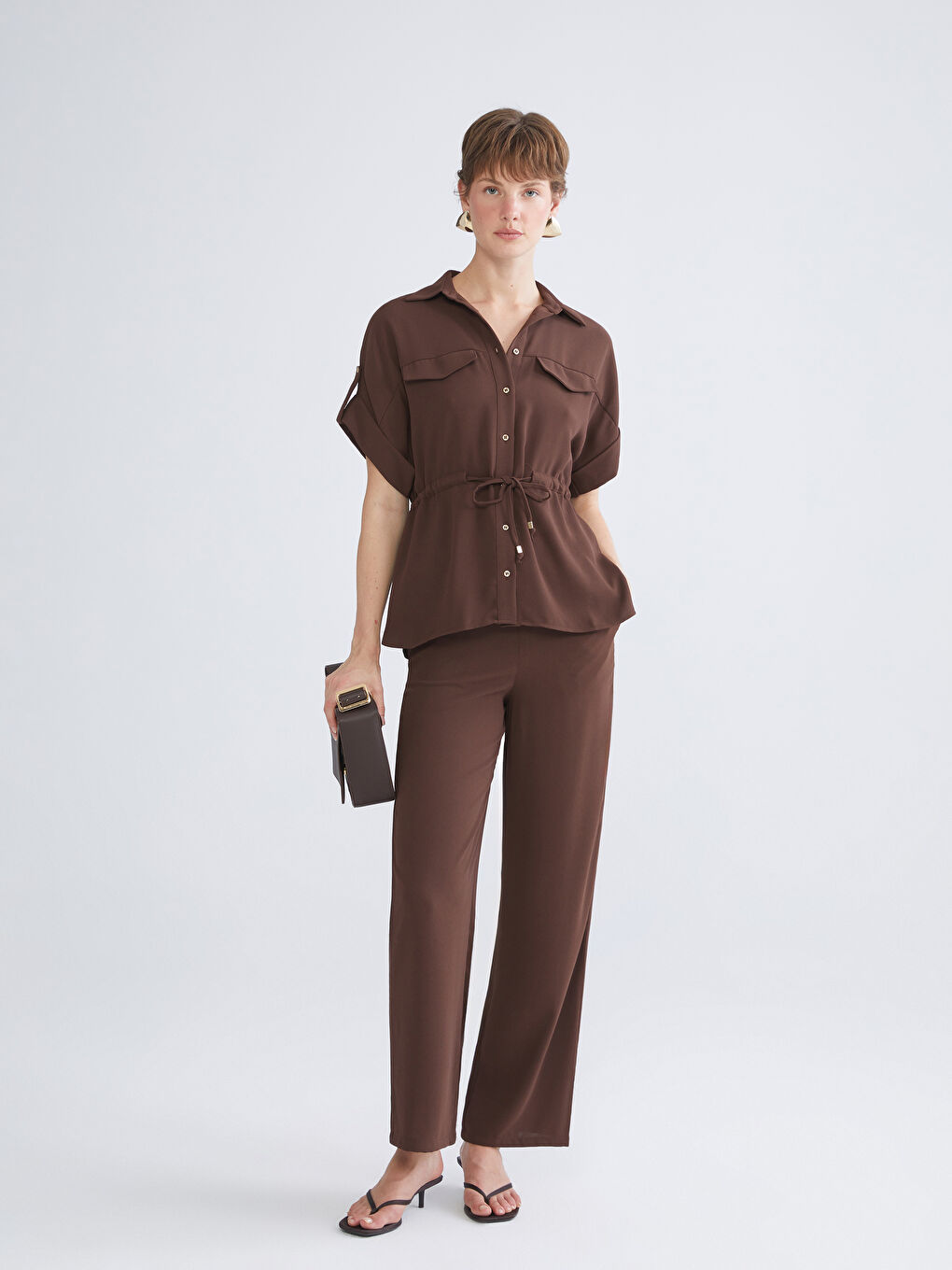 Kahverengi Büzgülü Kadın Gömlek-2