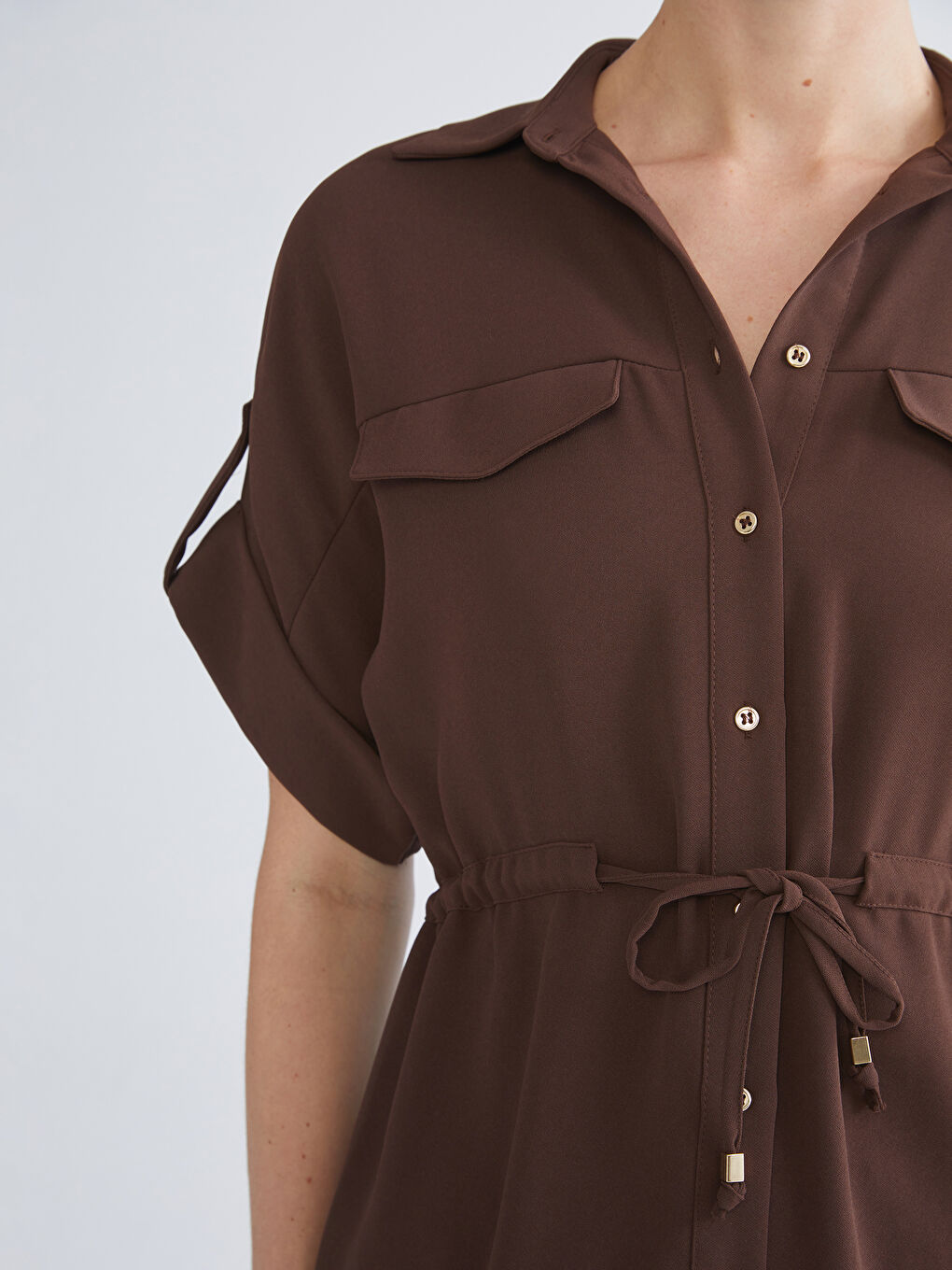 Kahverengi Büzgülü Kadın Gömlek-4